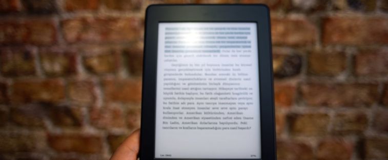 liseuse ou livre, Kindle devant mur de briques, livre ou liseuse