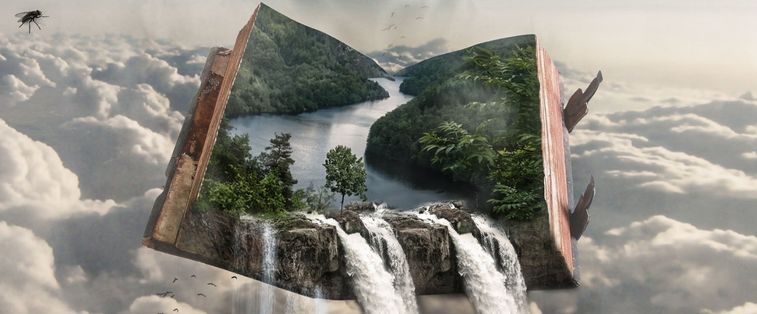 livre ou liseuse, livre flottant dans le ciel