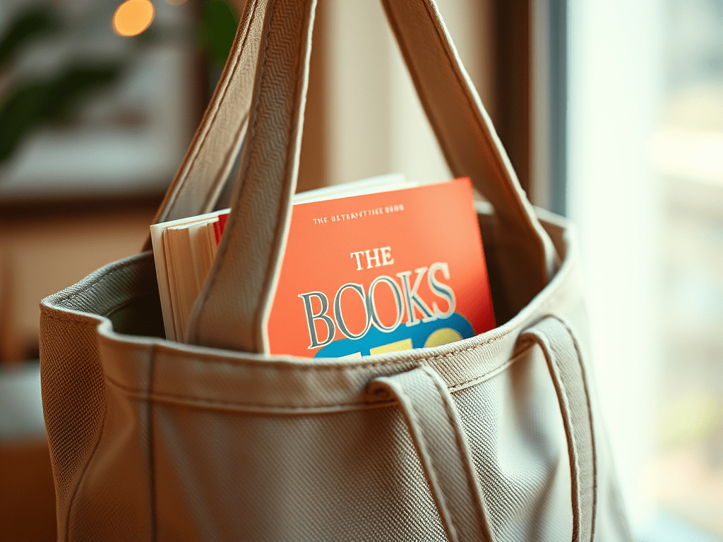 Livre dans un tote bag prêt à être emporté, idéal pour lire en déplacement avec un emploi du temps chargé.