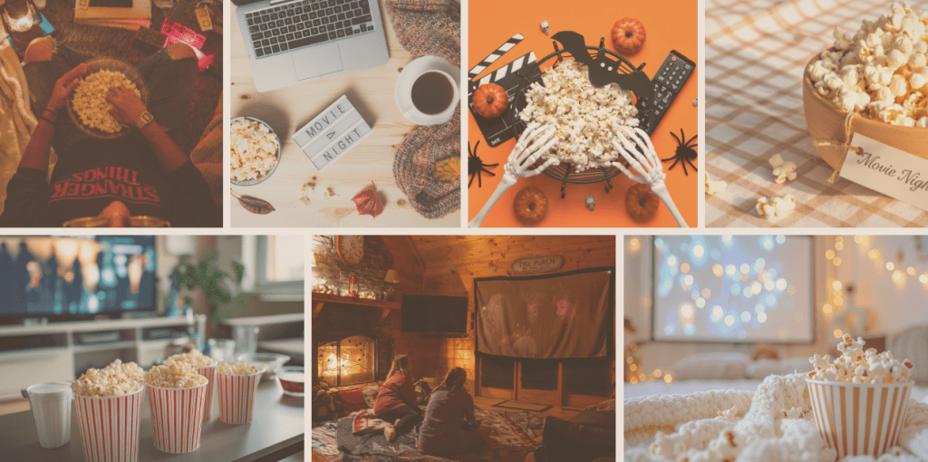 Soirée cinéma d’Halloween cosy avec pop-corn, plaids, citrouilles et ambiance lumineuse – idées de films à regarder pour une nuit réconfortante et festive.