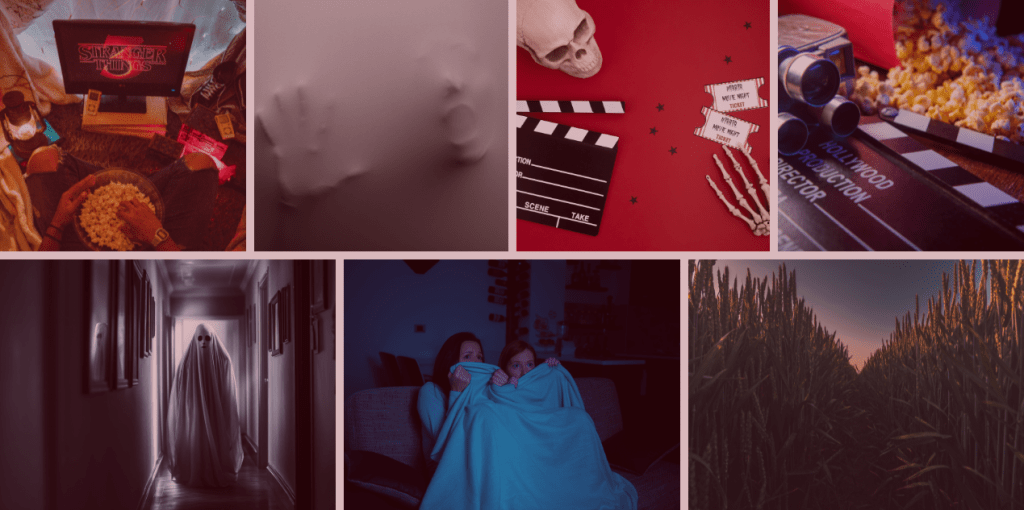 Montage visuel spécial Halloween : marathon Stranger Things avec pop-corn, silhouettes fantomatiques, décors rouges avec crânes et clap cinéma, spectateurs effrayés sous une couverture et champ de maïs inquiétant au crépuscule. Ambiance horreur cosy-gore parfaite pour une soirée films d’Halloween.