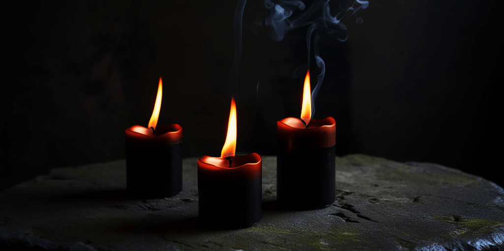 Trois bougies noires et rouges allumées sur une pierre, flammes vacillantes et fumée dans l’obscurité. Ambiance rituelle, mystique et terrifiante, parfaite pour Halloween et une atmosphère d’horreur gothique.